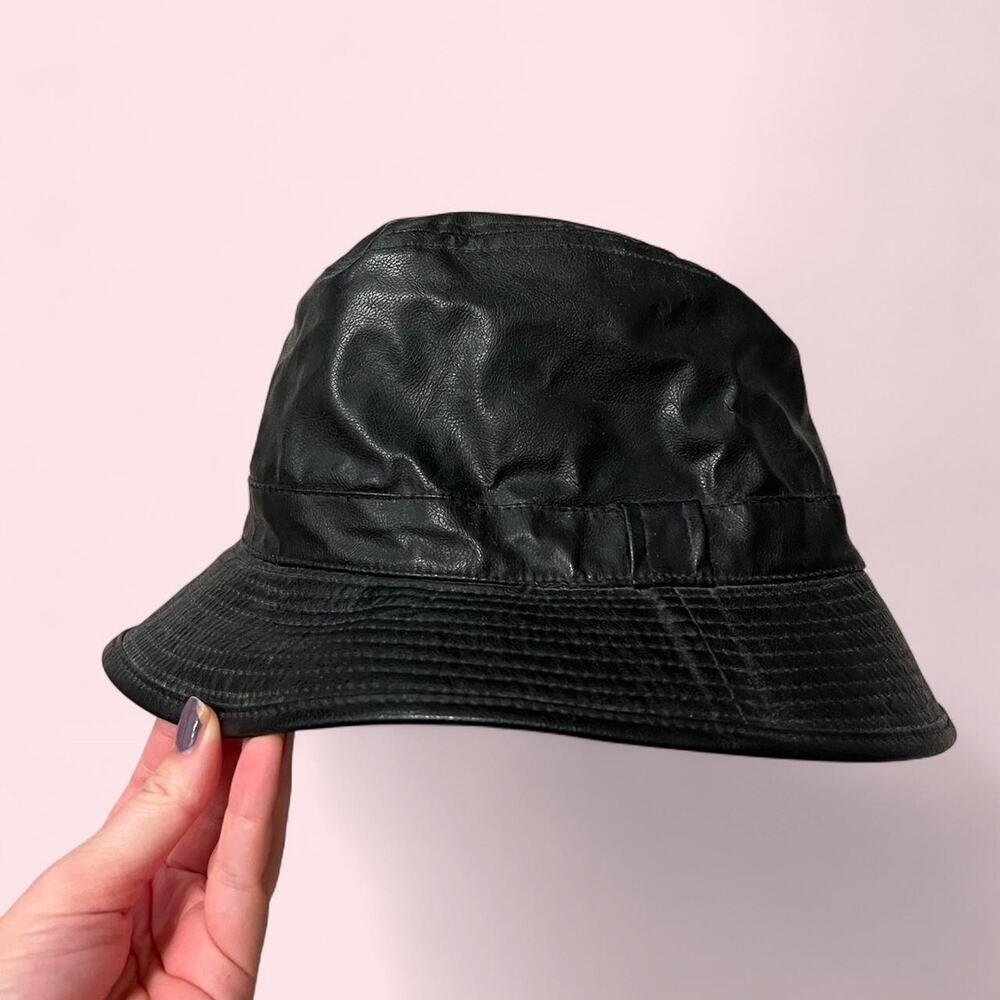 Black faux leather bucket hat